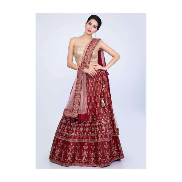 Rustic brown printed cotton silk lehenga with contrasting pink net dupatta with butti and border only on Kalki