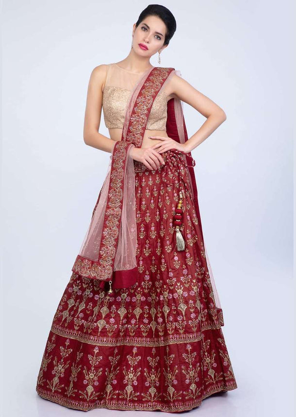 Rustic brown printed cotton silk lehenga with contrasting pink net dupatta with butti and border only on Kalki