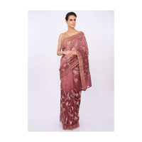 Rustic pink linen saree in floral jaal embroidery only on kalki