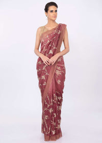 Rustic pink linen saree in floral jaal embroidery only on kalki