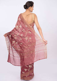 Rustic pink linen saree in floral jaal embroidery only on kalki