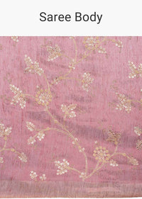 Rustic pink linen saree in floral jaal embroidery only on kalki