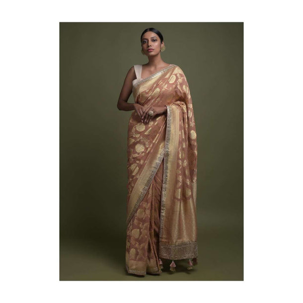 Rusty Brown Saree In Georgette With Weaved Floral Jaal And Gotta Work On The Border Online - Kalki Fashion