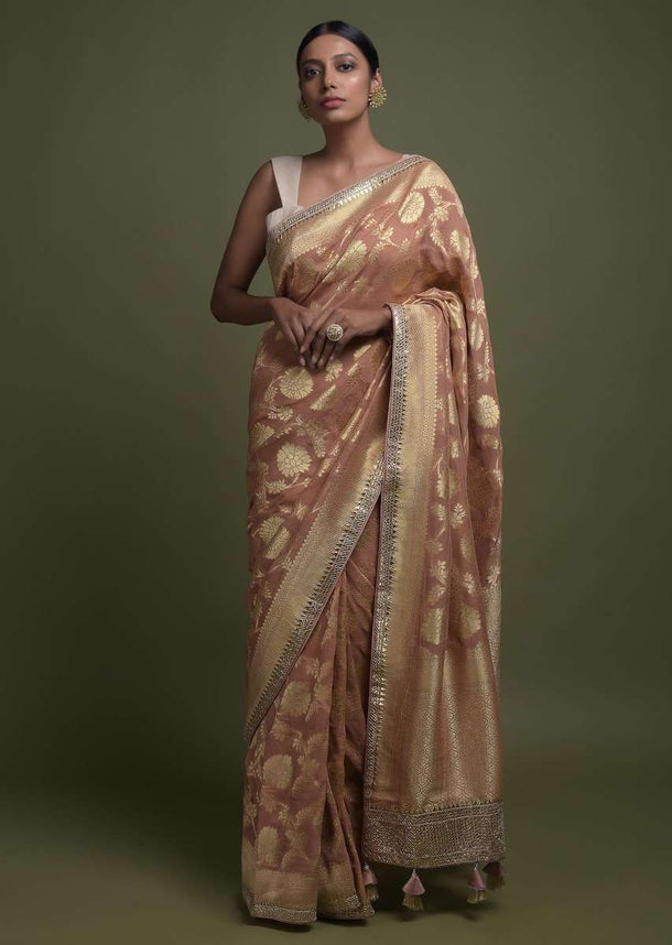 Rusty Brown Saree In Georgette With Weaved Floral Jaal And Gotta Work On The Border Online - Kalki Fashion