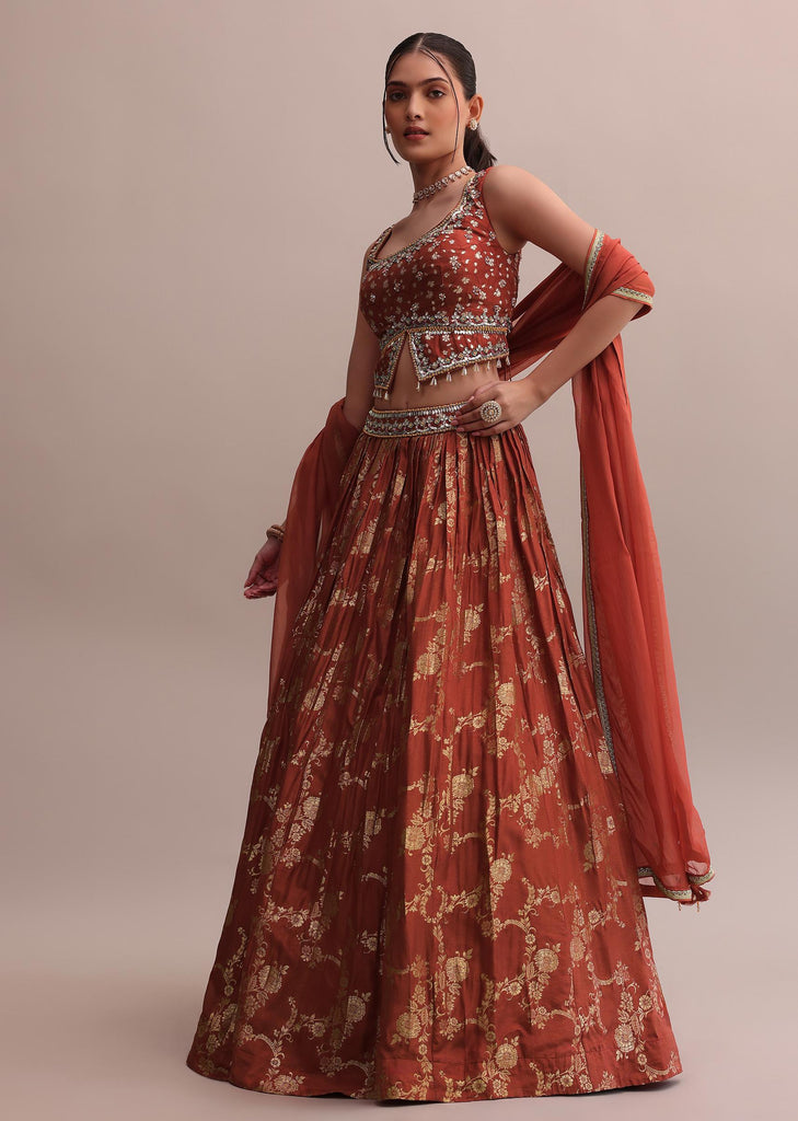 Rusty Orange Banarasi Silk Printed Lehenga With Slit Cut Choli And Dupatta