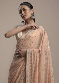 Powder Peach Saree In Georgette With Abla Embroidered Buttis And Unstitched Blouse Online - Kalki Fashion