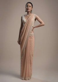Powder Peach Saree In Georgette With Abla Embroidered Buttis And Unstitched Blouse Online - Kalki Fashion