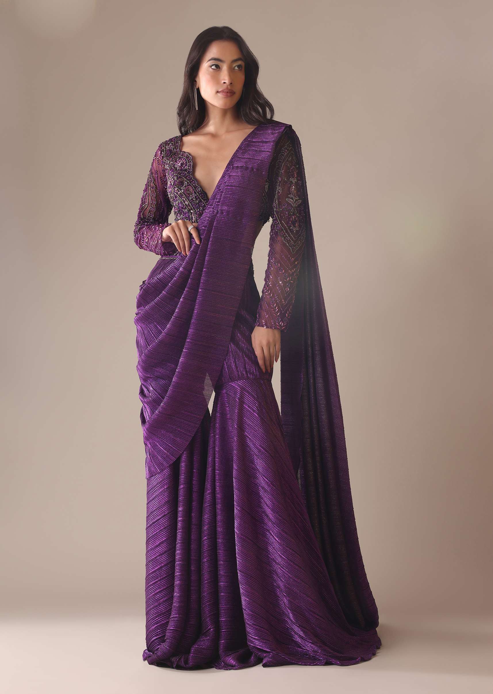 Purple Hand Embroidered Sharara And Blouse Set In Crushed Shimmer