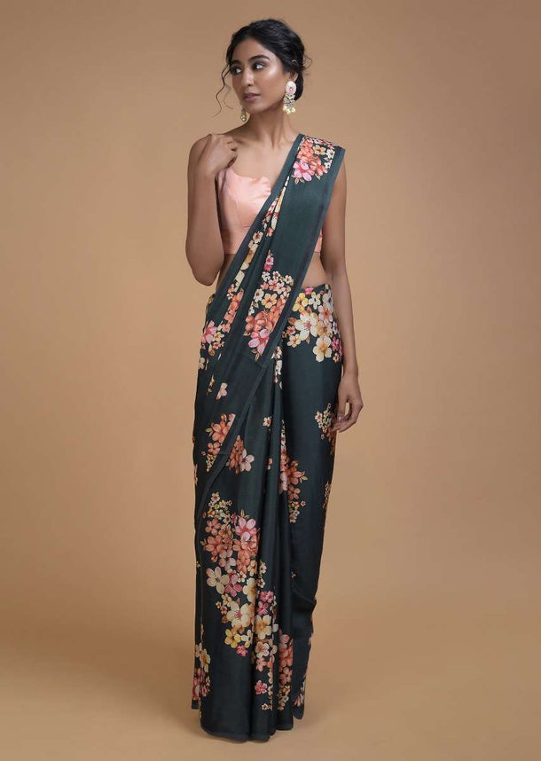 Sacramento Green Saree In Satin Blend With Floral Print All Over Online - Kalki Fashion