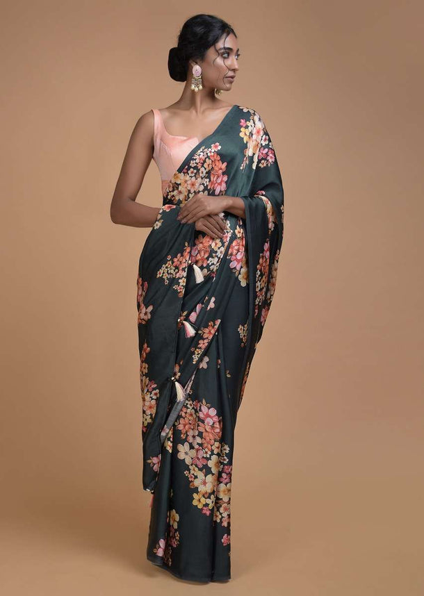 Sacramento Green Saree In Satin Blend With Floral Print All Over Online - Kalki Fashion