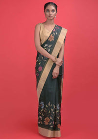 Sacramento Green Saree With Stripes, Floral Print And Kundan Online - Kalki Fashion