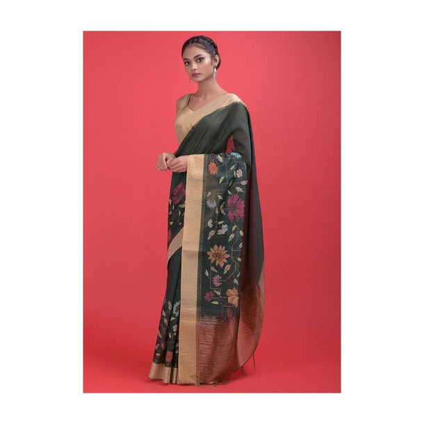 Sacramento Green Saree With Stripes, Floral Print And Kundan Online - Kalki Fashion