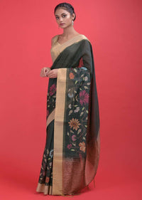 Sacramento Green Saree With Stripes, Floral Print And Kundan Online - Kalki Fashion