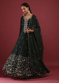 Peacock Green Anarkali Suit In Georgette With Multicolored Sequin Embroidered Floral Design