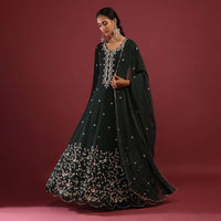Peacock Green Anarkali Suit In Georgette With Multicolored Sequin Embroidered Floral Design