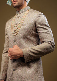 Mocha Brown Silk Sherwani Set With Threadwork And Sequins