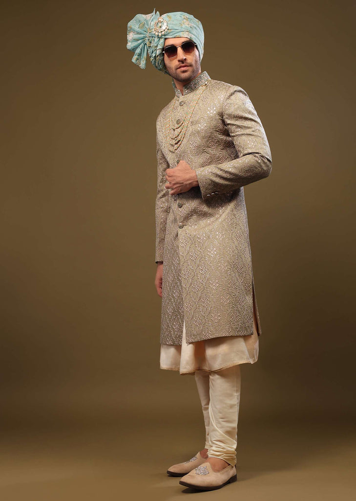 Mocha Brown Silk Sherwani Set With Threadwork And Sequins