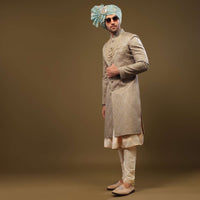 Mocha Brown Silk Sherwani Set With Threadwork And Sequins