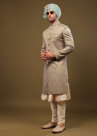 Mocha Brown Silk Sherwani Set With Threadwork And Sequins