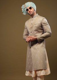 Mocha Brown Silk Sherwani Set With Threadwork And Sequins