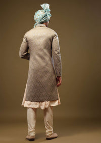 Mocha Brown Silk Sherwani Set With Threadwork And Sequins