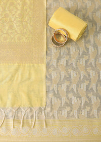 Saffron Serenity Silk Woven Banarasi Dress Material Suit Set in Yellow And Light Yellow