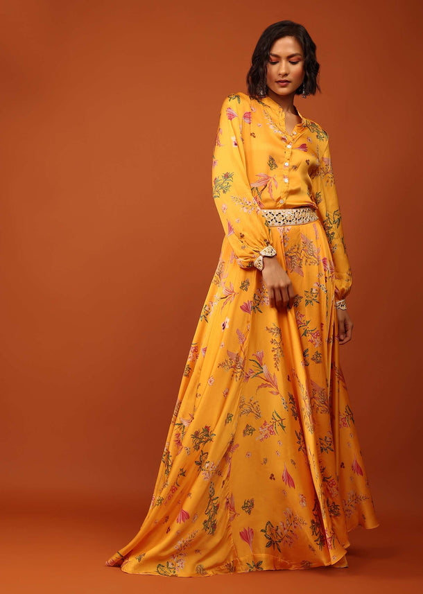 Amber Yellow Floral Print Shirt Top & Lehenga With Mirror Embroidery