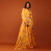 Amber Yellow Floral Print Shirt Top & Lehenga With Mirror Embroidery