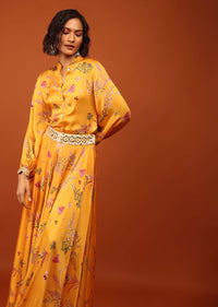 Amber Yellow Floral Print Shirt Top & Lehenga With Mirror Embroidery