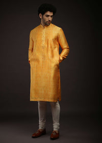 Saffron Yellow Kurta Set In Raw Silk With Tie Dye Design All Over And Resham Work On The Placket