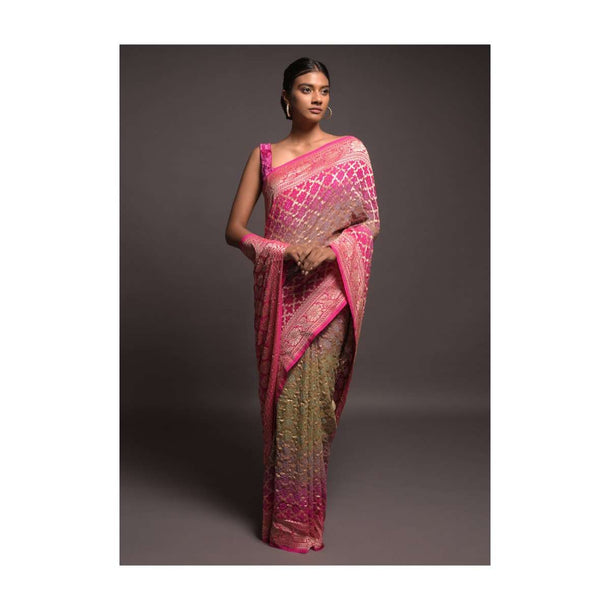 Sage Green And Fuchsia Shaded Banarasi Saree In Georgette With Bandhani Print And Weaved Moroccan Jaal Online - Kalki Fashion