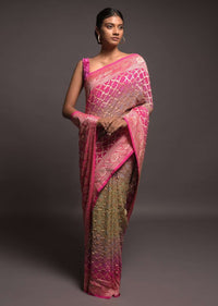 Sage Green And Fuchsia Shaded Banarasi Saree In Georgette With Bandhani Print And Weaved Moroccan Jaal Online - Kalki Fashion