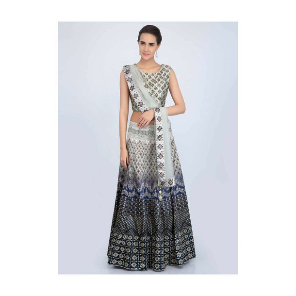 Sage green and mid night blue shaded satin lehenga set in digital print only on Kalki