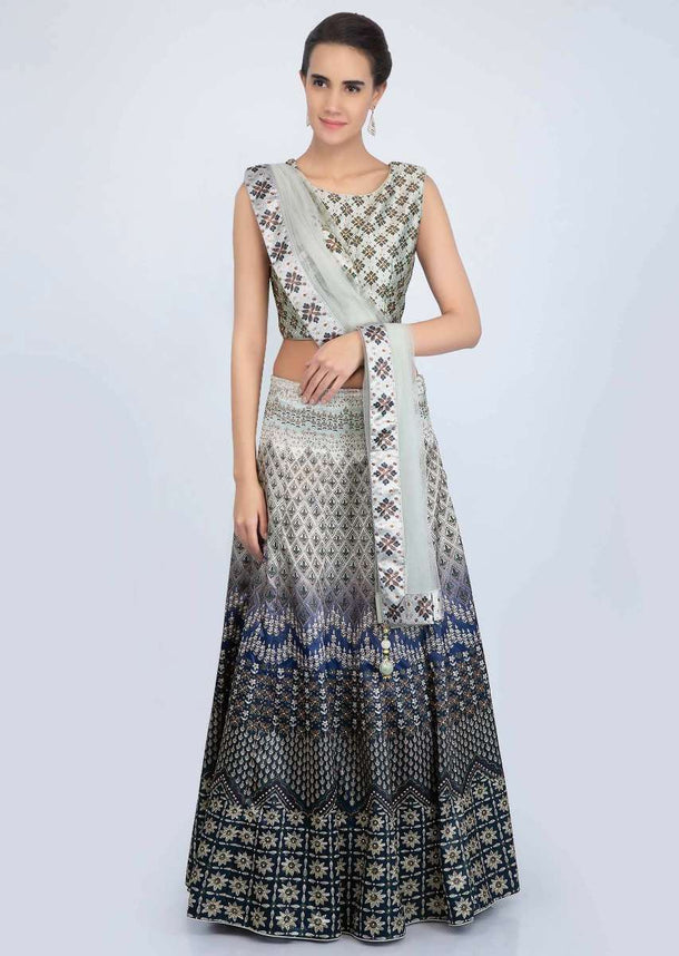 Sage green and mid night blue shaded satin lehenga set in digital print only on Kalki