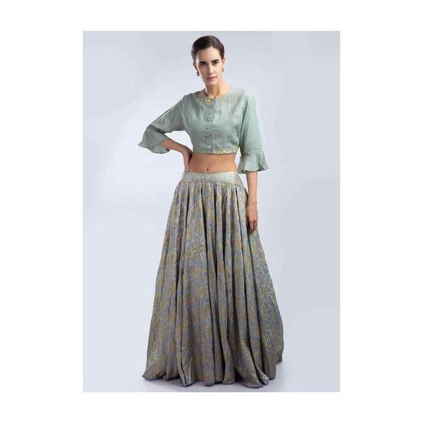 Sage green foil printed silk lehenga with matching floral embroidered blouse only on Kalki