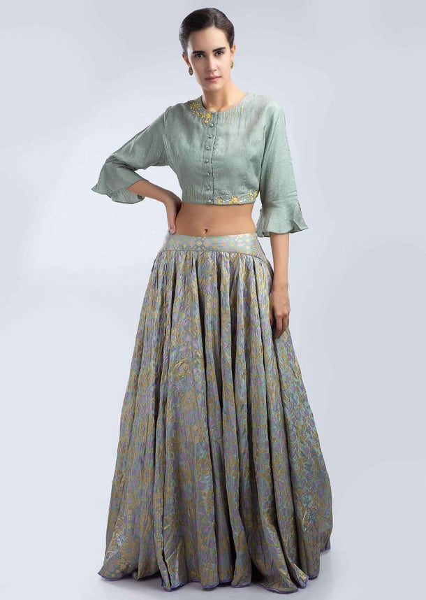 Sage green foil printed silk lehenga with matching floral embroidered blouse only on Kalki