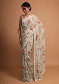 Sage green georgette saree with floral digital print Online - Kalki Fashion