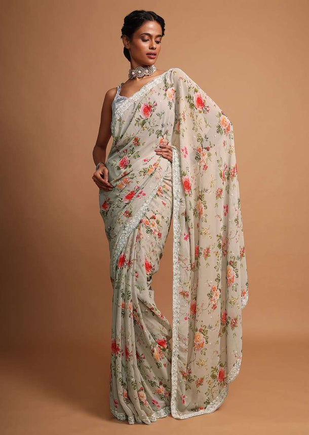 Sage green georgette saree with floral digital print Online - Kalki Fashion