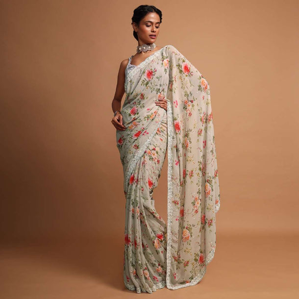 Sage green georgette saree with floral digital print Online - Kalki Fashion