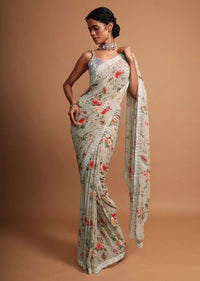 Sage green georgette saree with floral digital print Online - Kalki Fashion