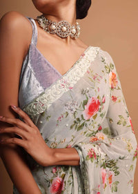 Sage green georgette saree with floral digital print Online - Kalki Fashion