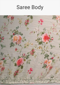 Sage green georgette saree with floral digital print Online - Kalki Fashion