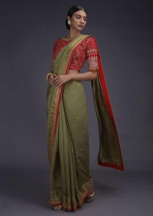 Sage Green Handloom Saree With Weaved Buttis And Border And Red Bandhani Printed Blouse Online - Kalki Fashion