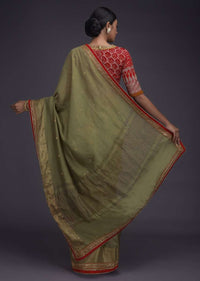 Sage Green Handloom Saree With Weaved Buttis And Border And Red Bandhani Printed Blouse Online - Kalki Fashion