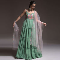 Sage Green Indowestern Suit In Georgette With Vibrant Resham Embroidered Summer Blossoms On The Bodice