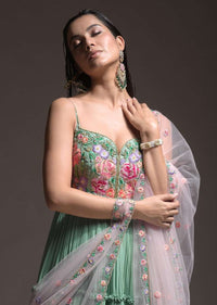 Sage Green Indowestern Suit In Georgette With Vibrant Resham Embroidered Summer Blossoms On The Bodice