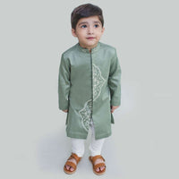 Kalki Boys Sage Green Kurta Set With Resham Embroidery In Persian Art Inspired Motifs By Tiber Taber