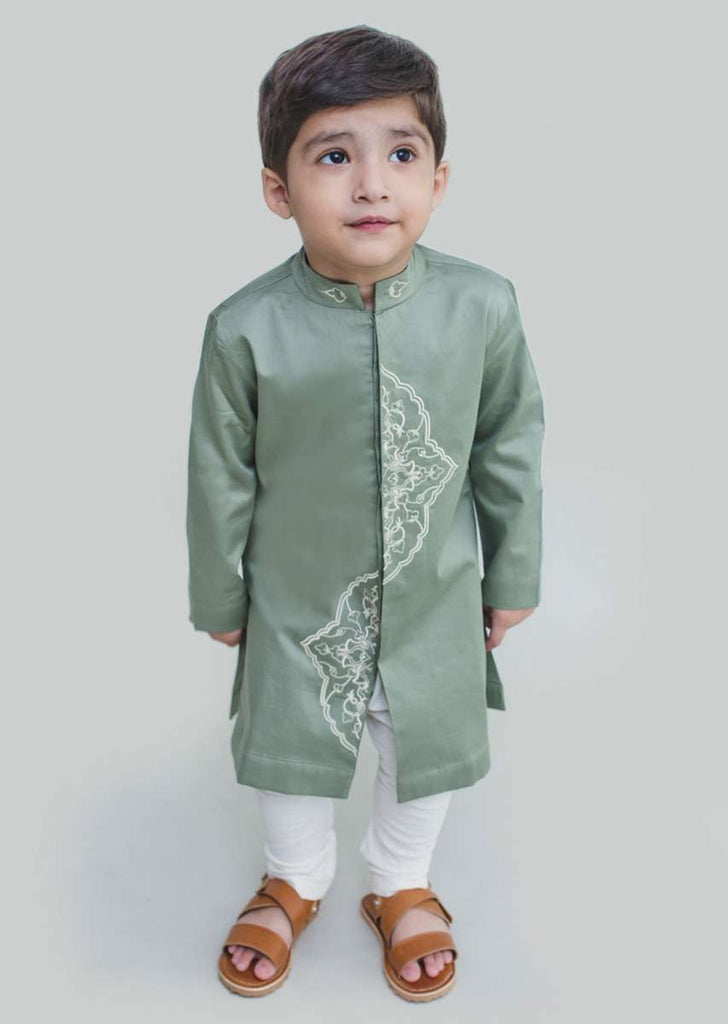 Kalki Boys Sage Green Kurta Set With Resham Embroidery In Persian Art Inspired Motifs By Tiber Taber