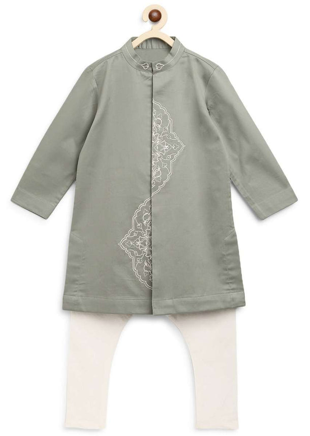 Kalki Boys Sage Green Kurta Set With Resham Embroidery In Persian Art Inspired Motifs By Tiber Taber