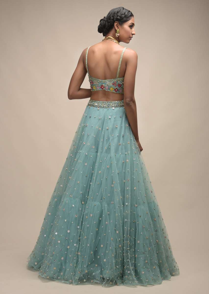 Sage Green Lehenga In Net With Flower Sequin Buttis And Resham Embroidered Crop Top